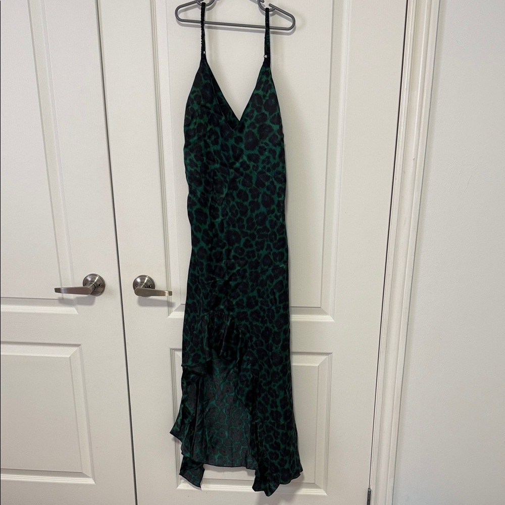 Sandro Women's Green Ruched Leopard-print Satin-twill Midi Slip Dress size 40 - Picture 4 of 8